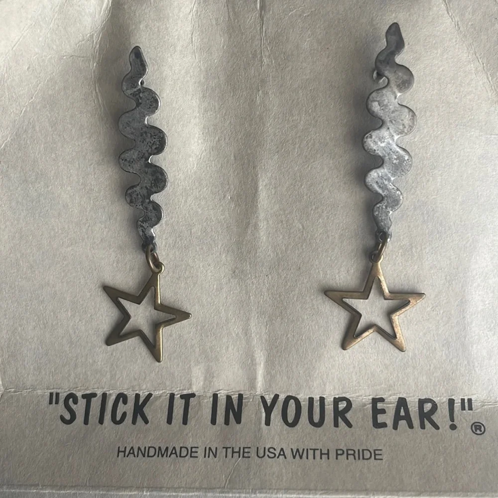star earrings dangle pierced ears handcrafted sterling silver Antiqued brass